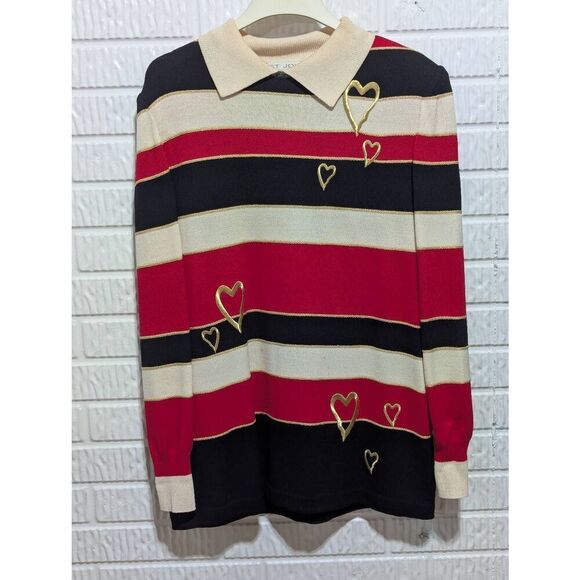 St. John Vintage Red, White, Black Striped 90's 80 Era Sweater WITH HEARTS 😍 L - Picture 1 of 5